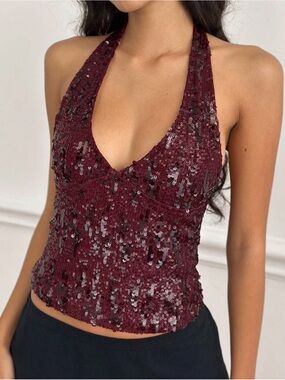 NWT - motel rocks Sequin Halter V-Neck Tank Top – Burgundy size small
